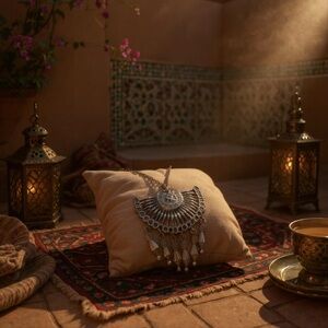 Silver-Tone Fan Statement Necklace with Dangling Charms – Boho Festival Jewelry